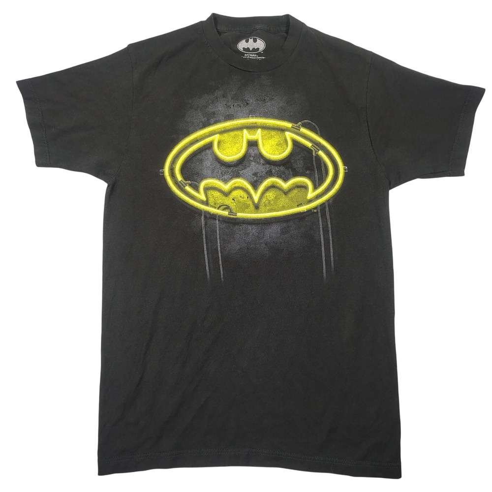 Batman Graphic Tee Mens Small Black Neon Logo Short Sleeve Cotton Shirt